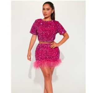 Fashion Nova Fushia Pink Sequin Skirt and Top Set Sz 3X